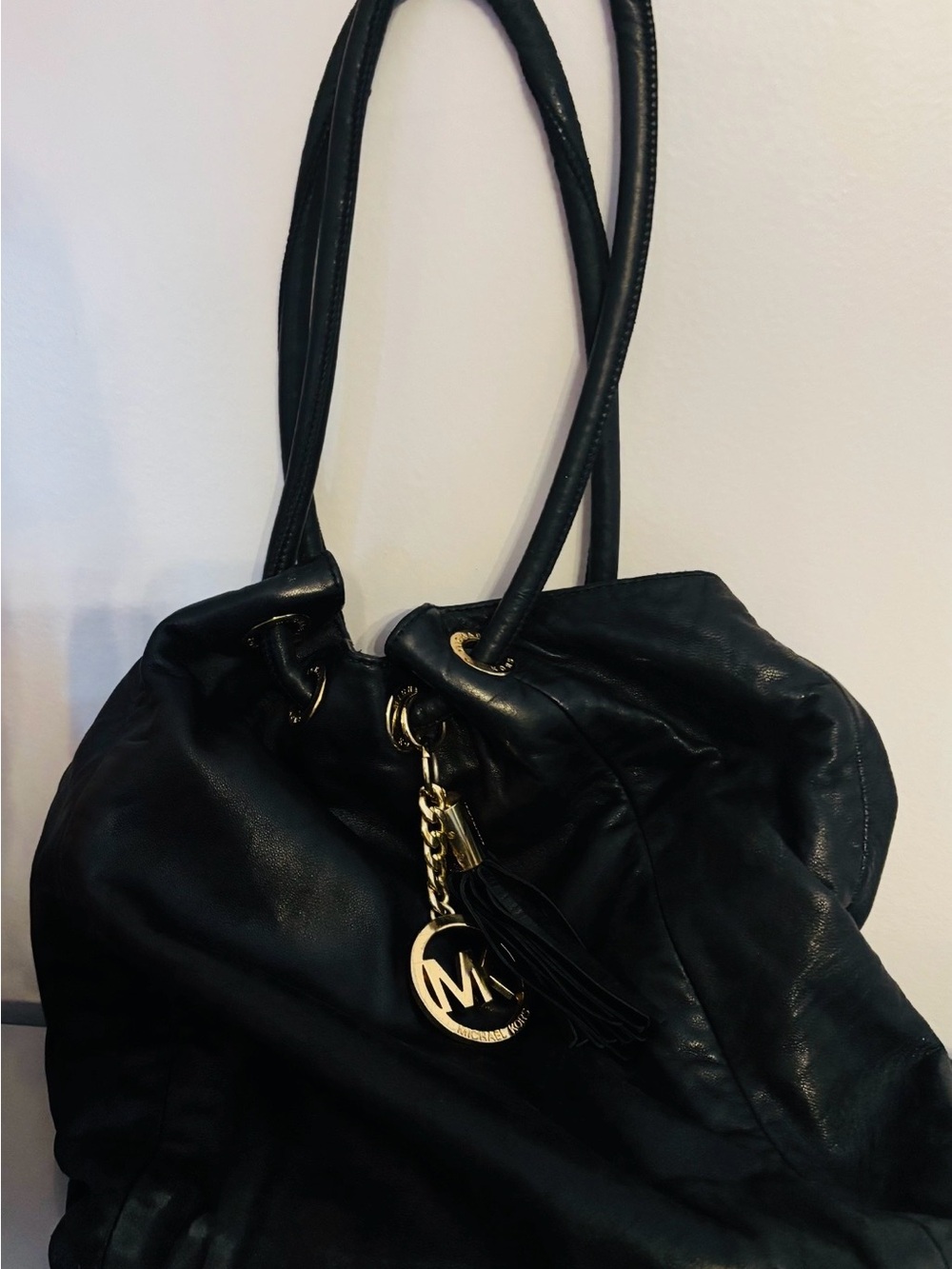 Michael Kors Black Soft Leather Tote with Gold Logo Charm and Tassle